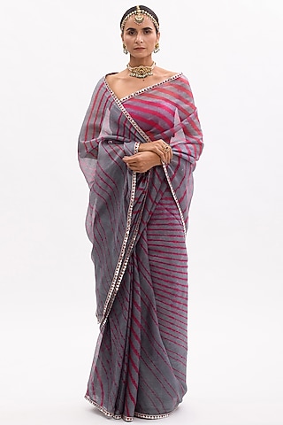 Grey & Crimson Leheriya Saree Set by aarti Sethia