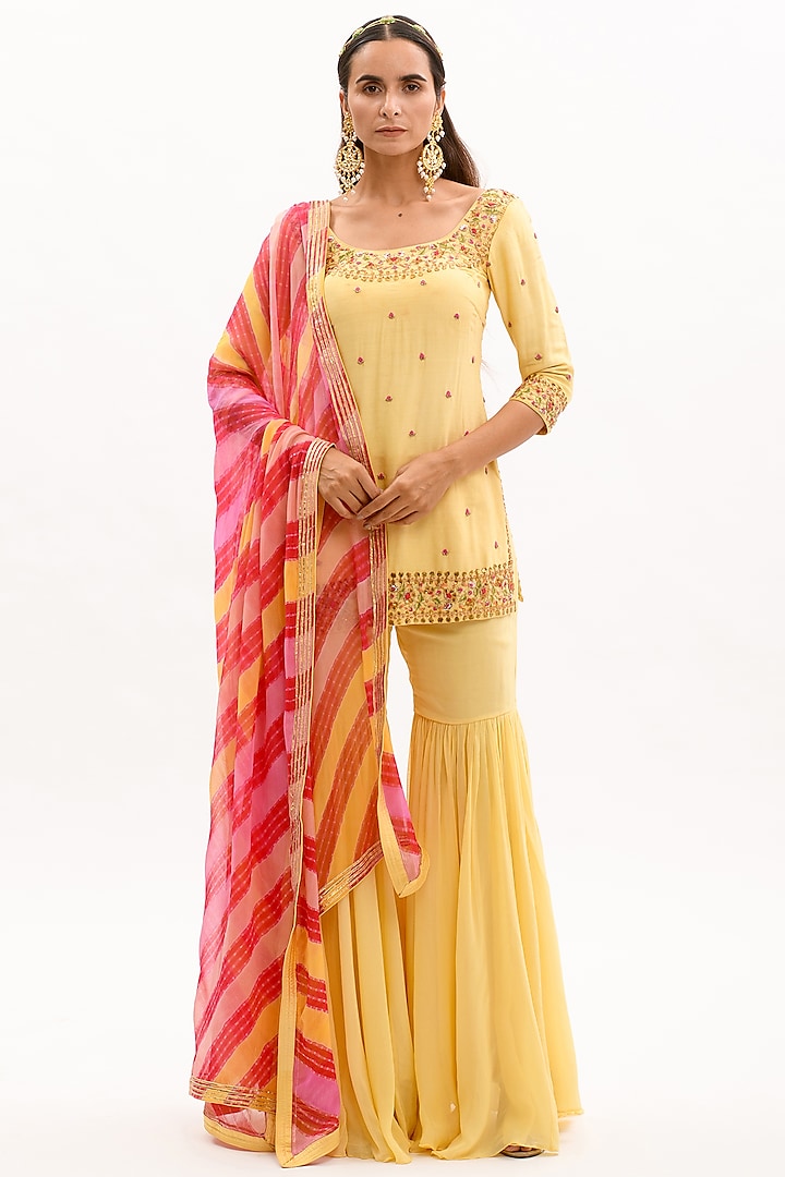 Yellow Embroidered Sharara Set by aarti Sethia