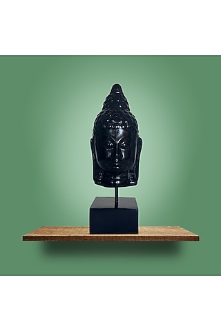 Black Wood & Metal Handcrafted Buddha Head Sculpture by Artisans Rose