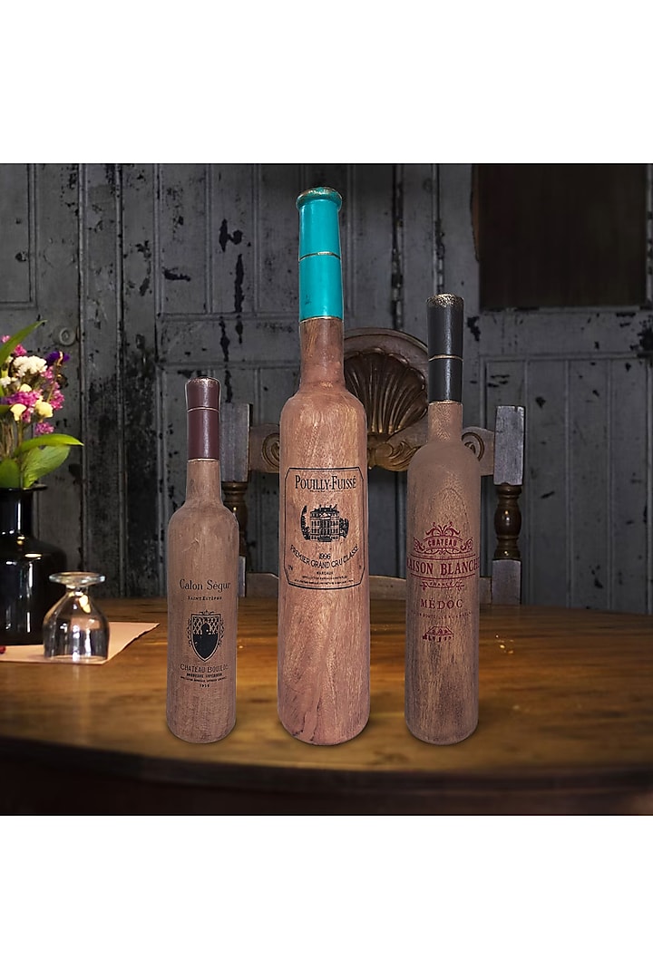 Brown Wood Wine Bottle Object Set (Set Of 3) by Artisans Rose at Pernia's Pop Up Shop