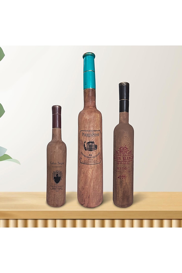 Brown Wood Wine Bottle Object Set (Set Of 3) by Artisans Rose at Pernia's Pop Up Shop
