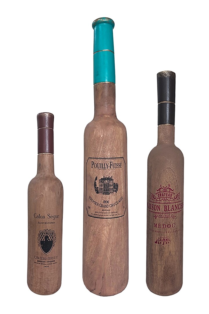 Brown Wood Wine Bottle Object Set (Set Of 3) by Artisans Rose at Pernia's Pop Up Shop