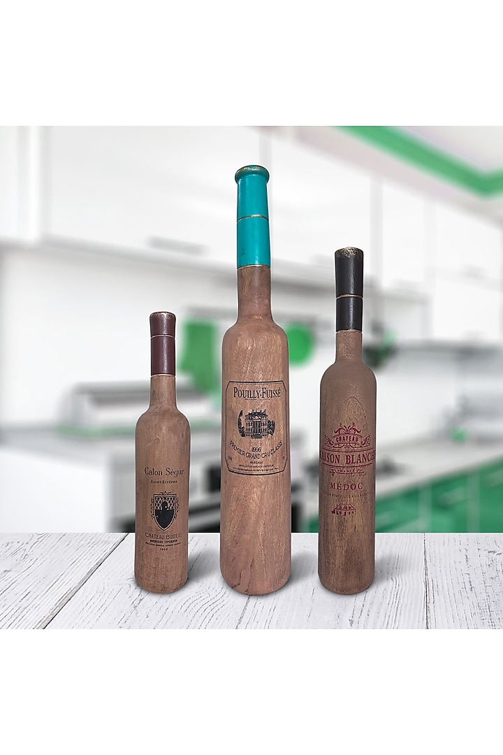 Brown Wood Wine Bottle Object Set (Set Of 3) by Artisans Rose at Pernia's Pop Up Shop