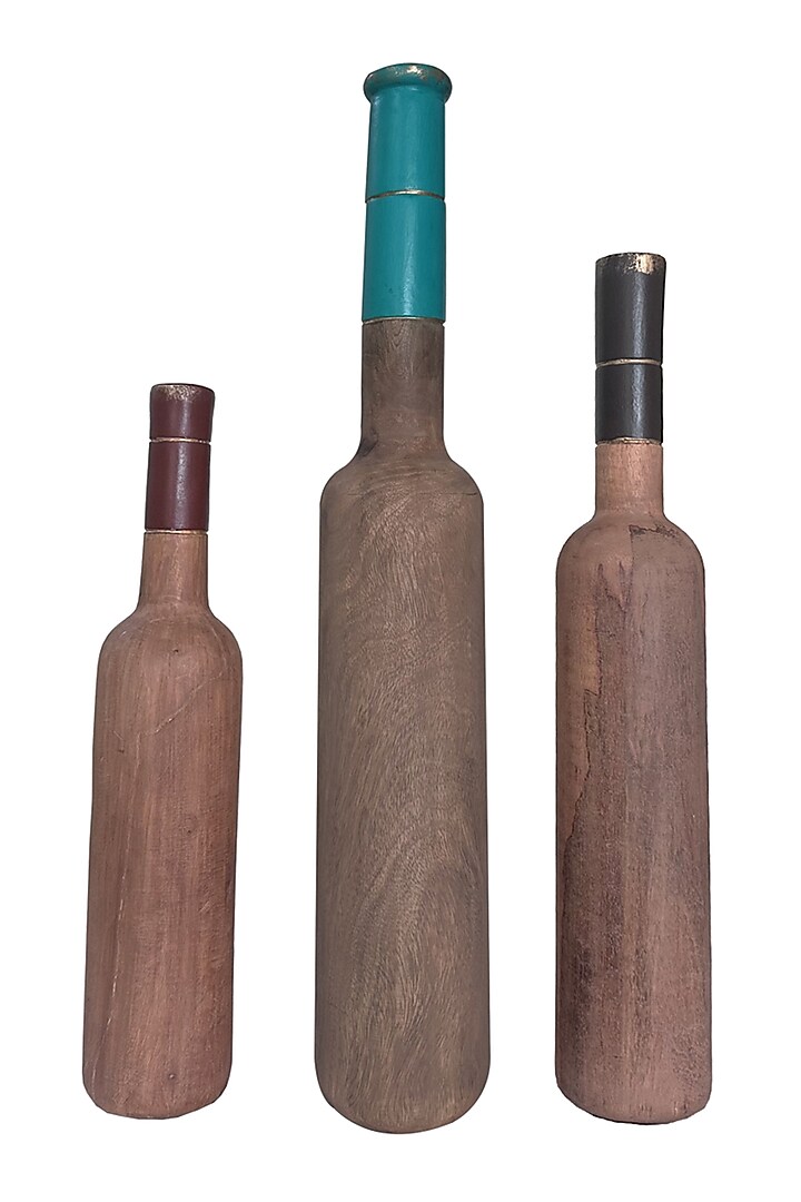 Brown Wood Wine Bottle Object Set (Set Of 3) by Artisans Rose at Pernia's Pop Up Shop