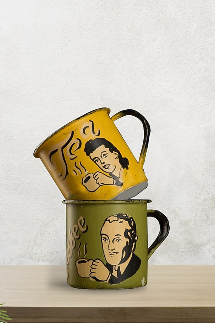 Yellow & Green Enamel Mugs (Set of 2) by Artisans Rose at Pernia's Pop Up Shop
