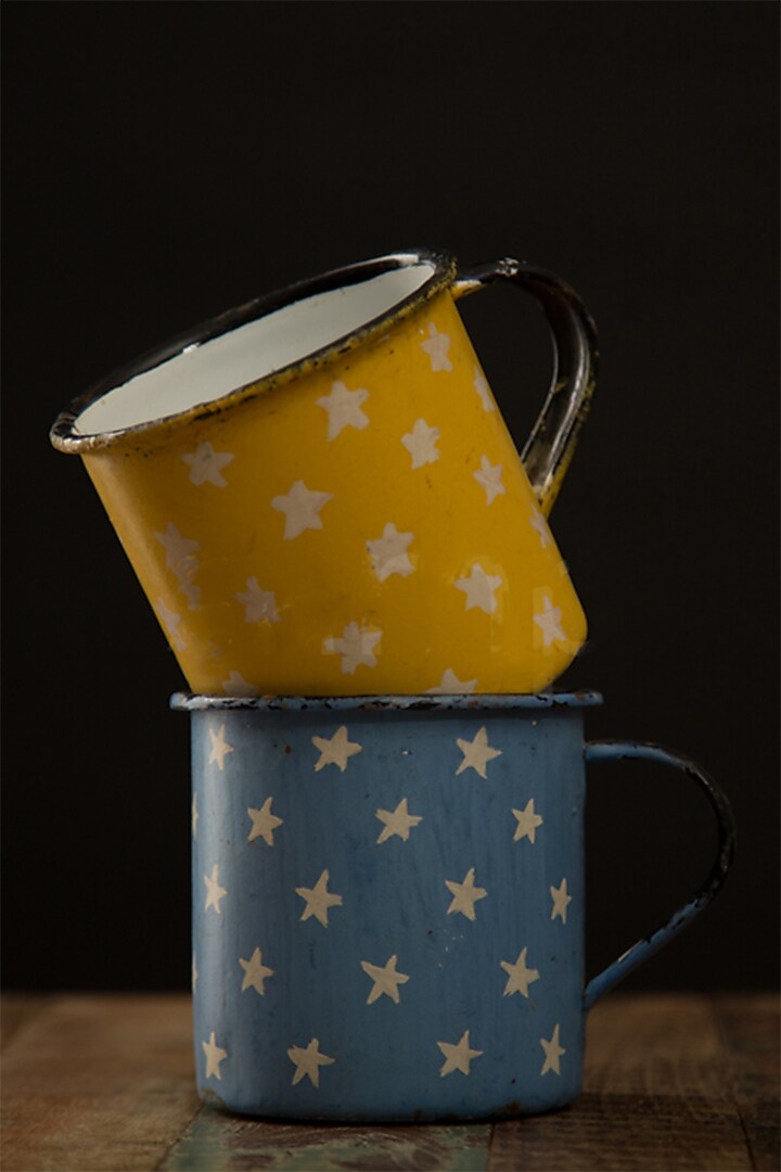 Yellow & Blue Enamel Mugs (Set of 2) by Artisans Rose at Pernia's Pop Up Shop