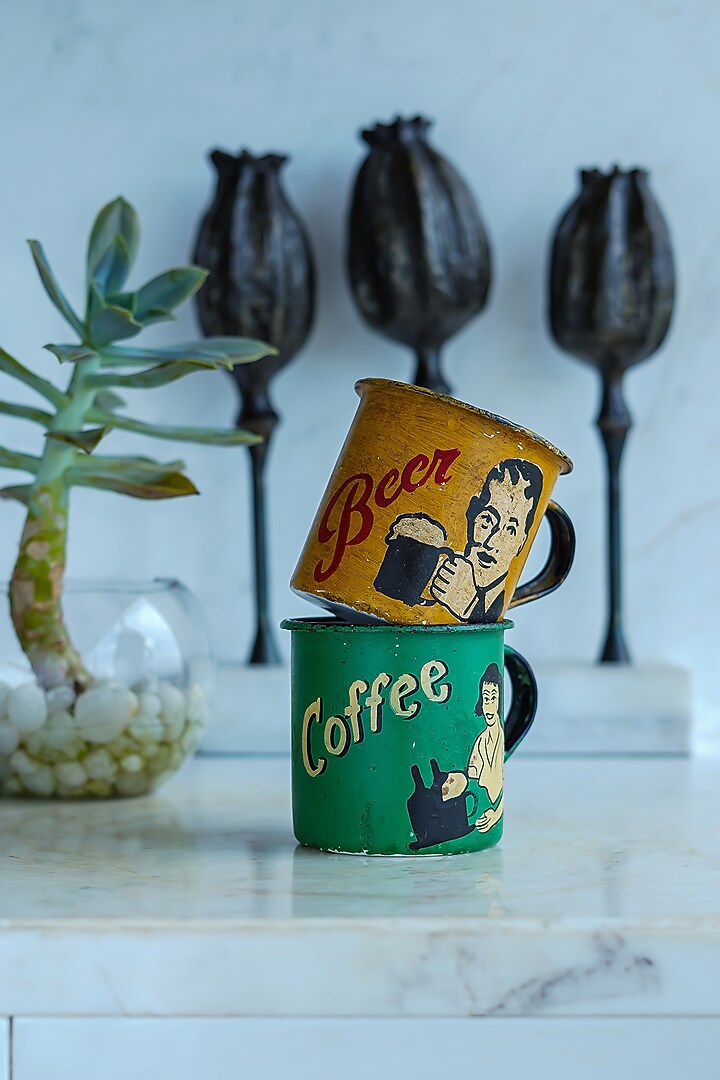 Yellow & Green Enamel Mugs (Set of 2) by Artisans Rose at Pernia's Pop Up Shop