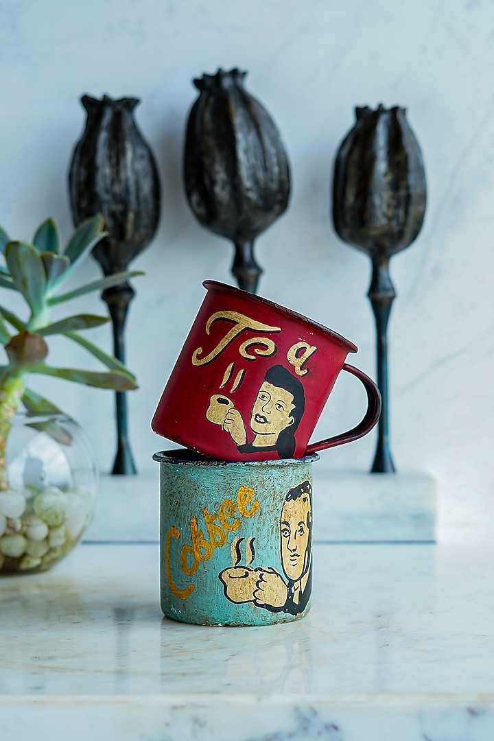 Red & Teal Enamel Mugs (Set of 2) by Artisans Rose at Pernia's Pop Up Shop