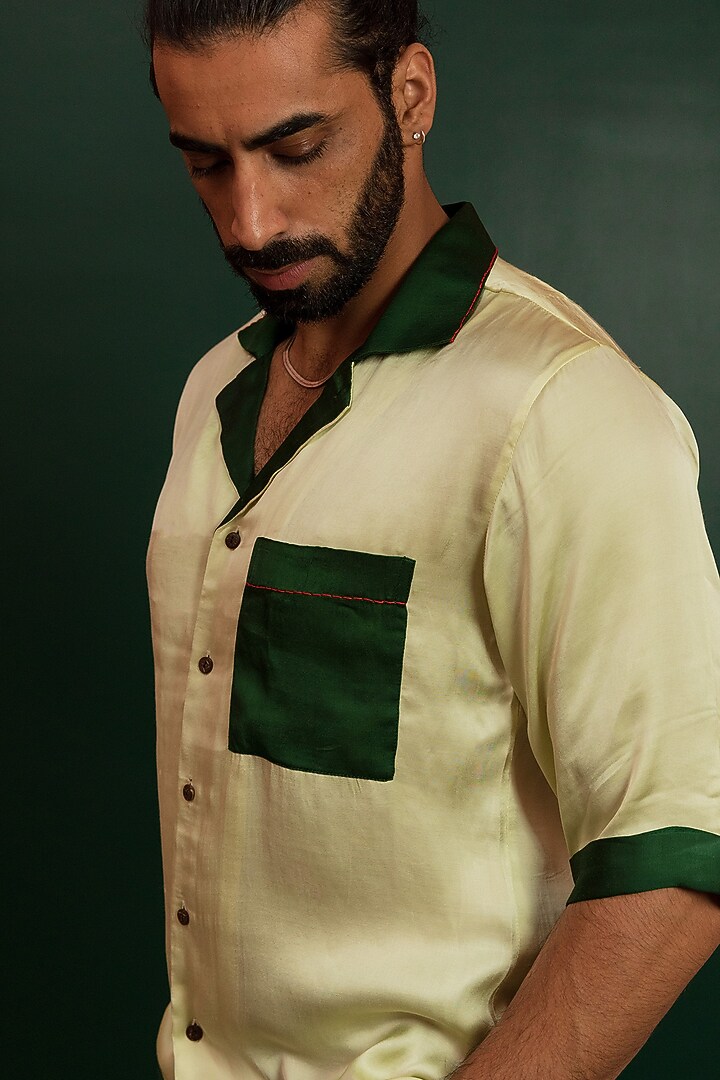 Green Linen Satin Party Wear Shirt by Artless at Pernia's Pop Up Shop