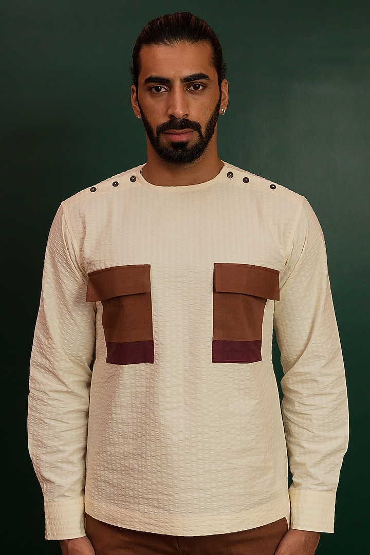 Beige Cotton Party Wear Shirt by Artless at Pernia's Pop Up Shop