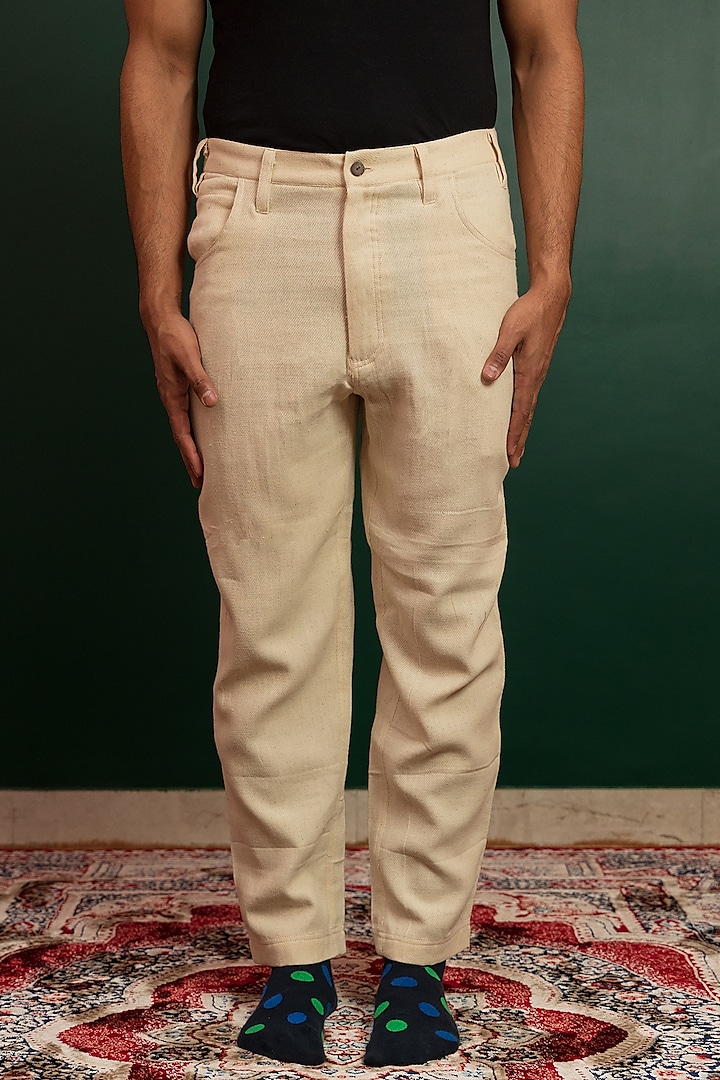 Off-White Cotton Denim Trousers by Artless at Pernia's Pop Up Shop