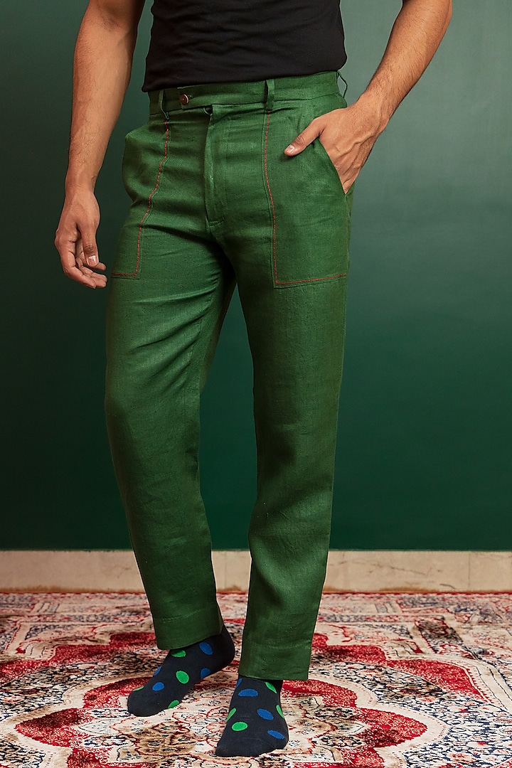 Green Cotton Lycra Pants by Artless