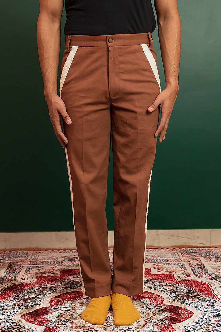 Brown Cotton Lycra Trousers by Artless