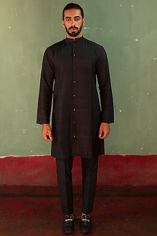 Black Khadi Silk Kurta Set by Artless