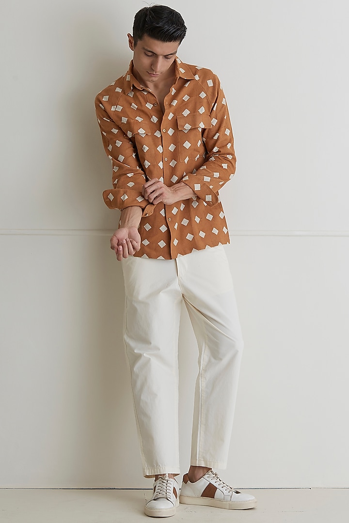 Brown Cotton Linen Printed Shirt by Artless