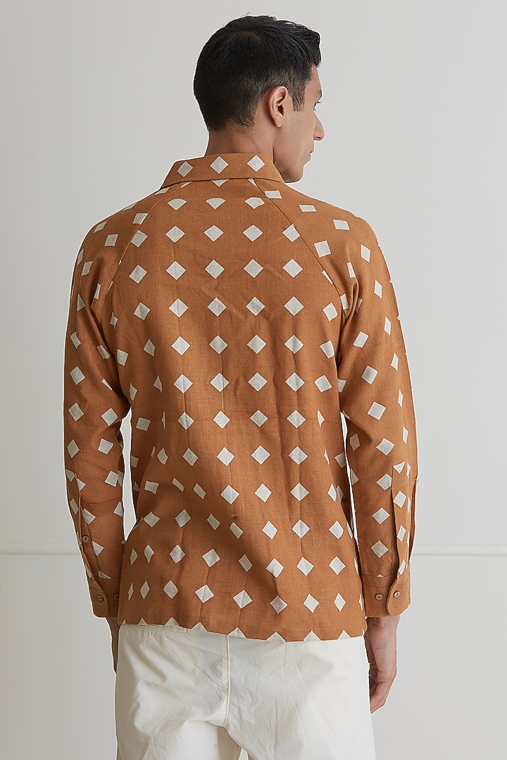 Brown Cotton Linen Printed Party Wear Shirt by Artless at Pernia's Pop Up Shop