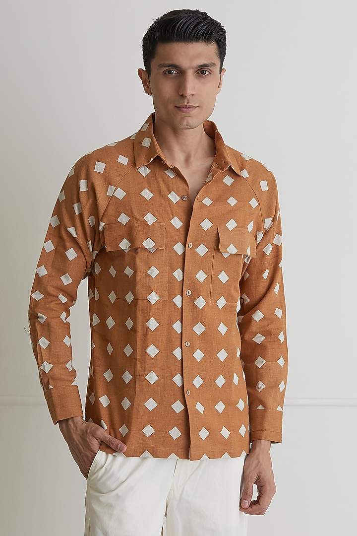 Brown Cotton Linen Printed Party Wear Shirt by Artless at Pernia's Pop Up Shop