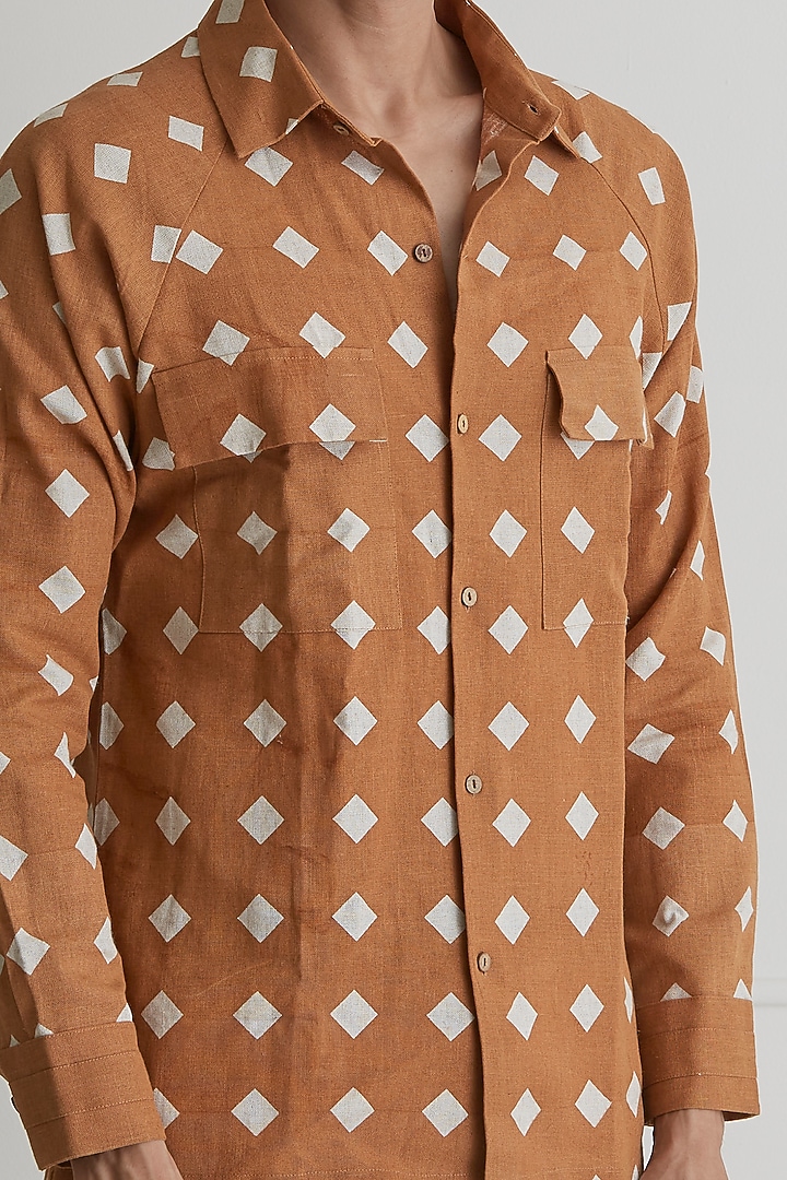Brown Cotton Linen Printed Party Wear Shirt by Artless at Pernia's Pop Up Shop