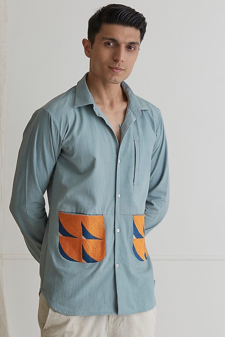 Pastel Blue Linen Party Wear Shirt by Artless at Pernia's Pop Up Shop