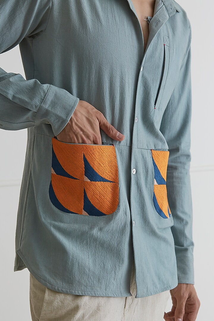 Pastel Blue Linen Party Wear Shirt by Artless at Pernia's Pop Up Shop