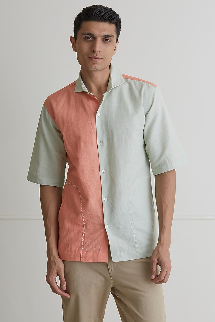 White & Peach Linen Party Wear Shirt by Artless at Pernia's Pop Up Shop