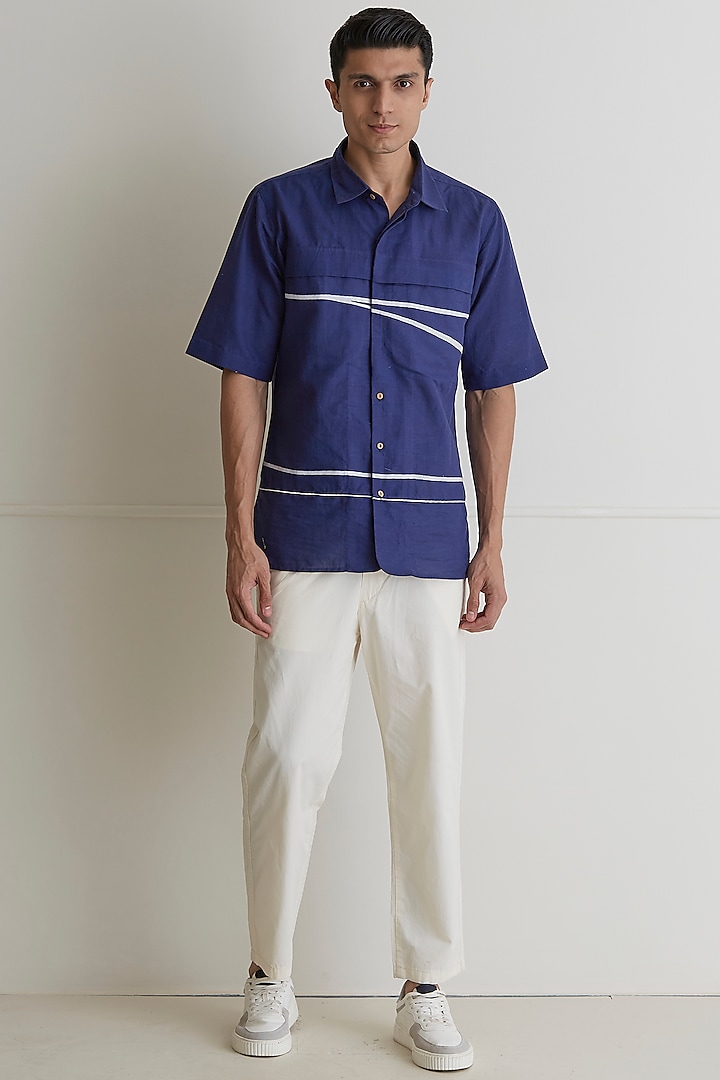 Deep Blue Linen Shirt With Stripes by Artless