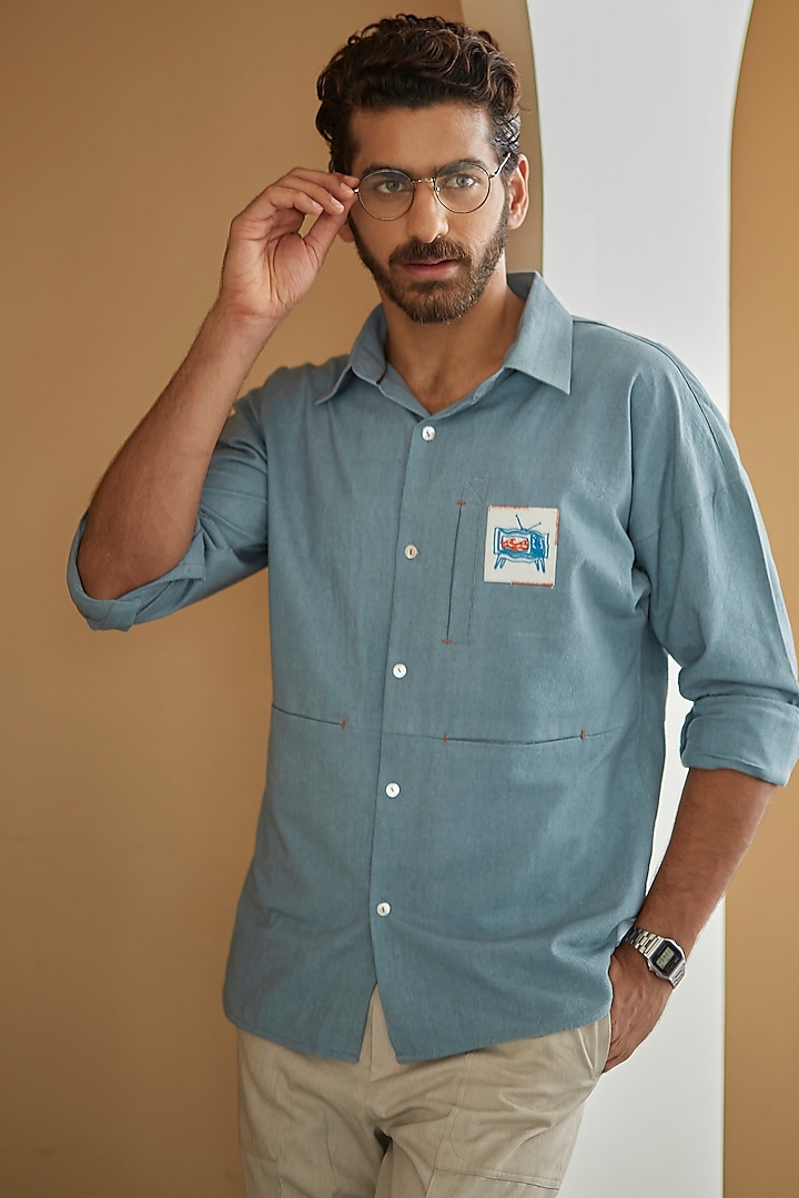 Sky Blue Embroidered Shirt by Artless