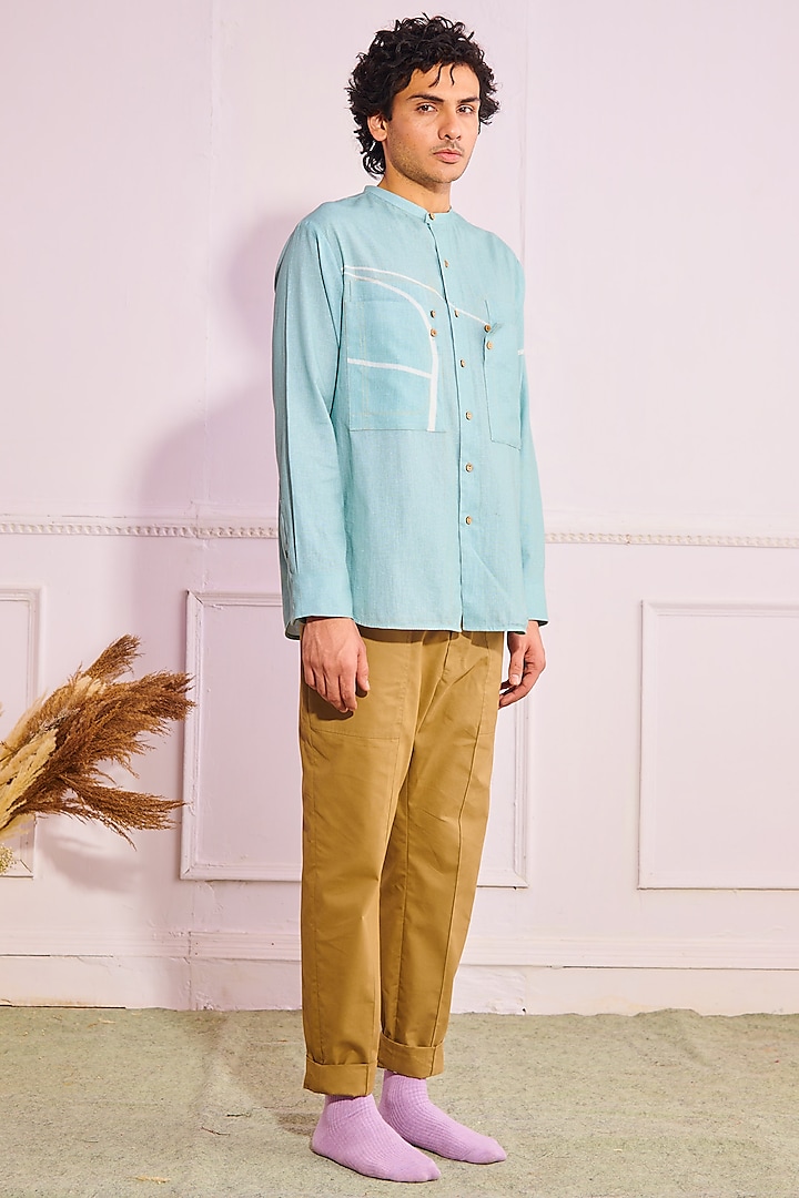 Sky Blue Cotton Linen Shirt With Stitch Detailing by Artless