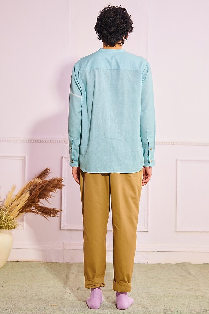 Sky Blue Cotton Linen Party Wear Shirt With Stitch Detailing by Artless at Pernia's Pop Up Shop