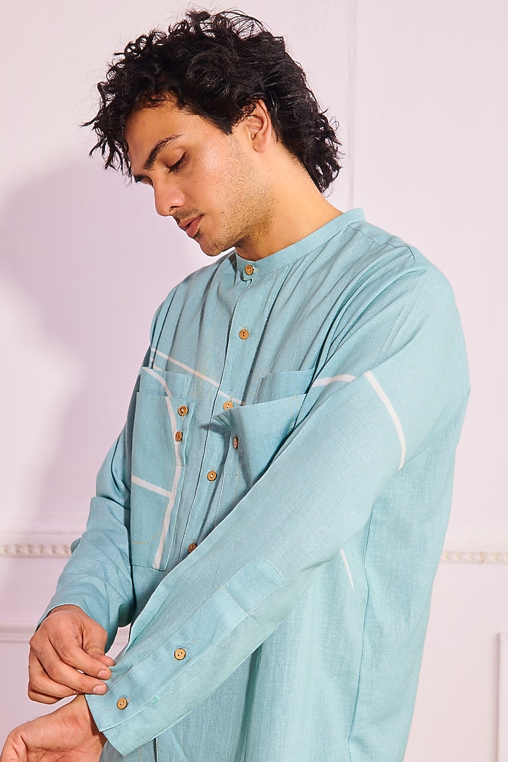 Sky Blue Cotton Linen Party Wear Shirt With Stitch Detailing by Artless at Pernia's Pop Up Shop