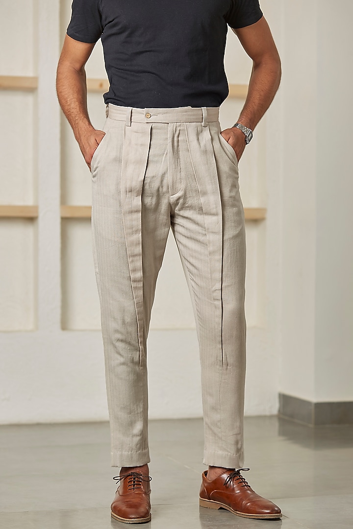 Greyish White Cotton Linen Trousers by Artless