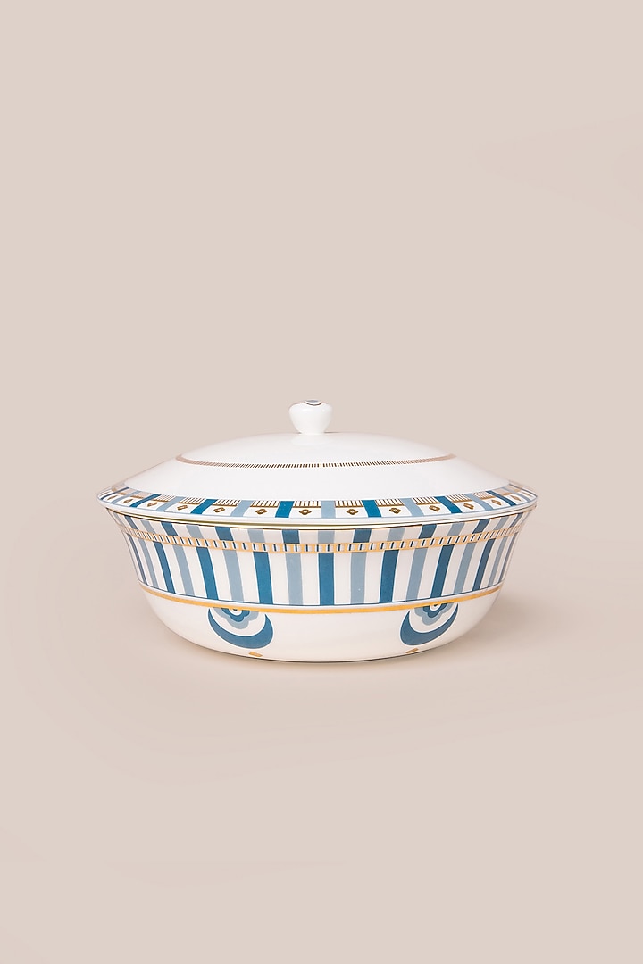 White & Blue Bone China Serving Bowl With Lid by ARTISAN LAB at Pernia