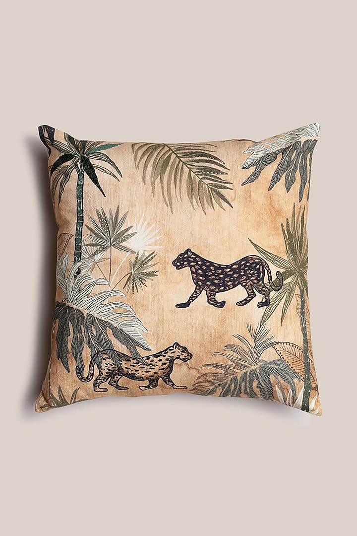 Beige Cotton Flax Printed Savannah Cushion Cover by ARTISAN LAB at Pernia's Pop Up Shop