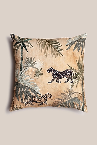 Beige Cotton Flax Printed Savannah Cushion Cover by ARTISAN LAB
