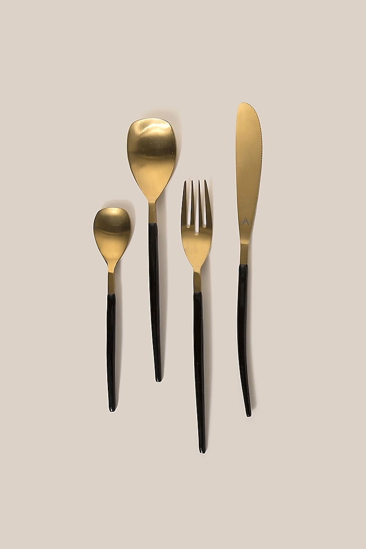 Black & Gold Stainless Steel Cutlery Set by ARTISAN LAB at Pernia's Pop Up Shop