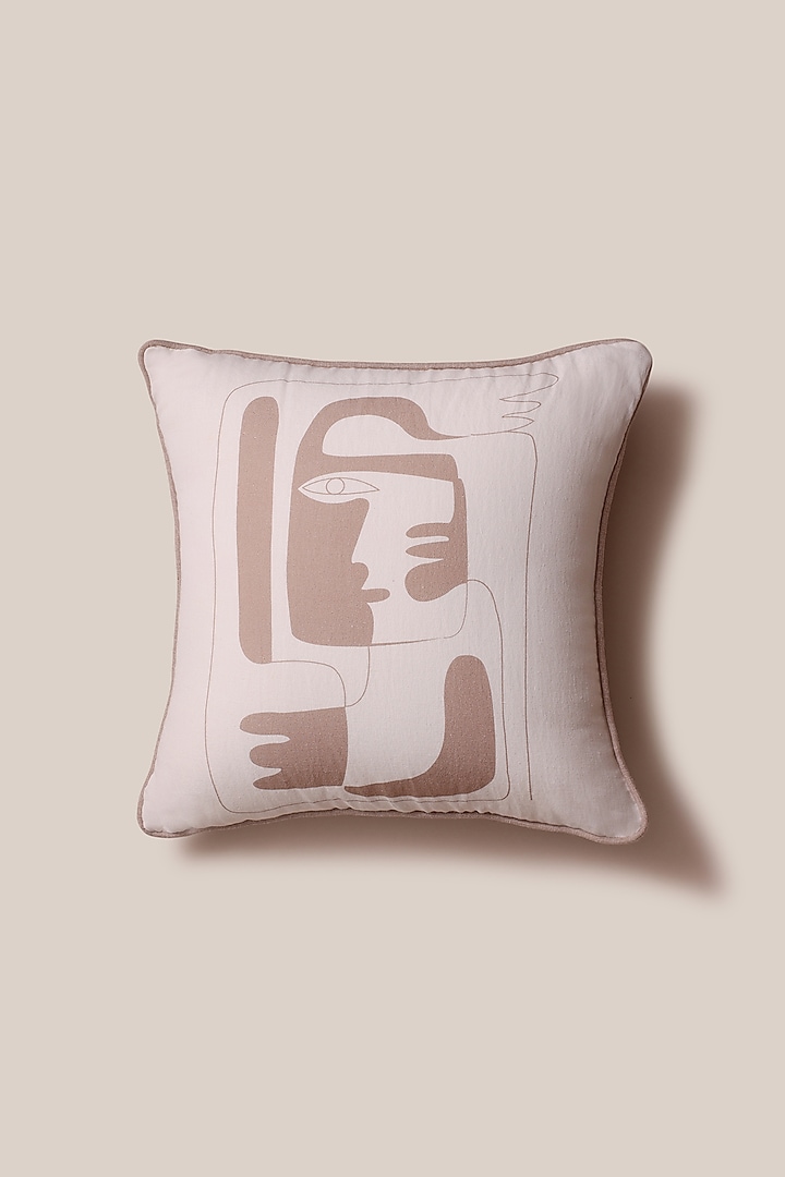 White & Mauvish Pink Cotton Cushion Cover by ARTISAN LAB