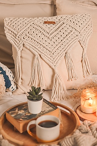 Off-White Cane Cushion Cover by Karighar - House of Indian Craftsmanship