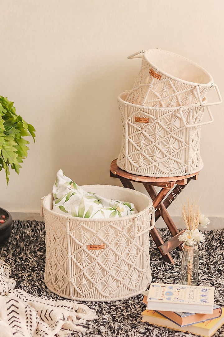 Off-White Cane Baskets (Set of 3) by Karighar - House of Indian Craftsmanship