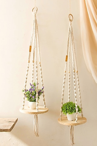 Light Brown Round Pine Wood Hanging Shelves by Karighar - House of Indian Craftsmanship