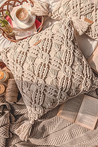 Off-White Tasseled Cushion Sleeves by Karighar - House of Indian Craftsmanship