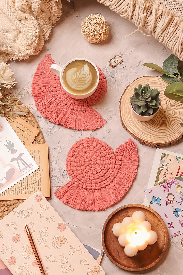 Peach Cotton Fringed Coasters (Set of 4) by Karighar - House of Indian Craftsmanship