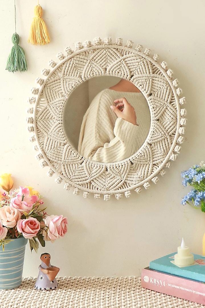 Off-White Metal, Mirror & Natural Cotton Thread Luminous Mirror Wall Hanging by Karighar - House of Indian Craftsmanship