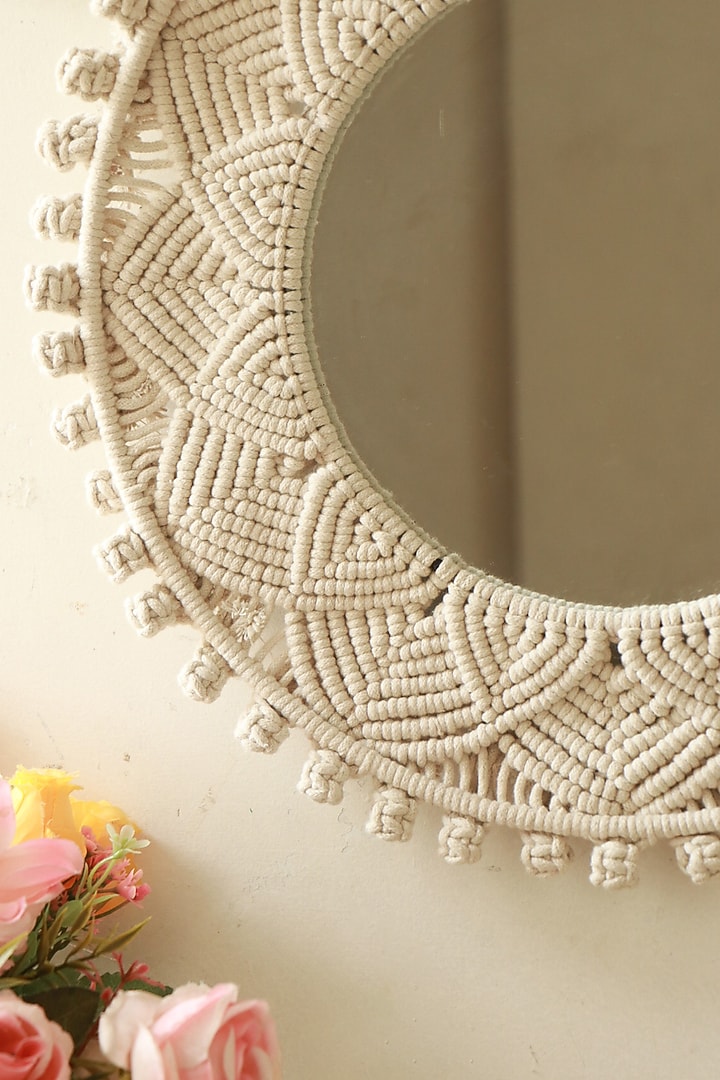Off-White Metal, Mirror & Natural Cotton Thread Luminous Mirror Wall Hanging by Karighar - House of Indian Craftsmanship at Pernia's Pop Up Shop