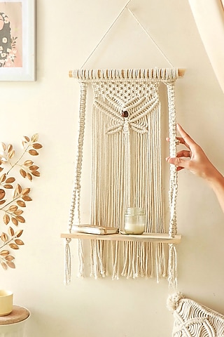 Off-White Pinewood & Natural Cotton Thread Butterfly Shelf Wall Hanging by Karighar - House of Indian Craftsmanship
