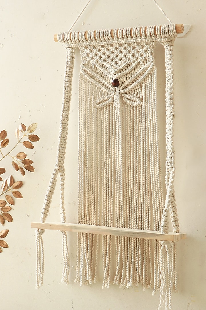 Off-White Pinewood & Natural Cotton Thread Butterfly Shelf Wall Hanging by Karighar - House of Indian Craftsmanship at Pernia's Pop Up Shop