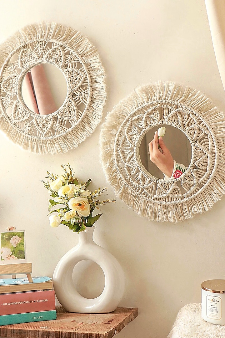 Off-White Mirror & Natural Cotton Thread Mirror Wall Decor (Set Of 2) by Karighar - House of Indian Craftsmanship at Pernia's Pop Up Shop