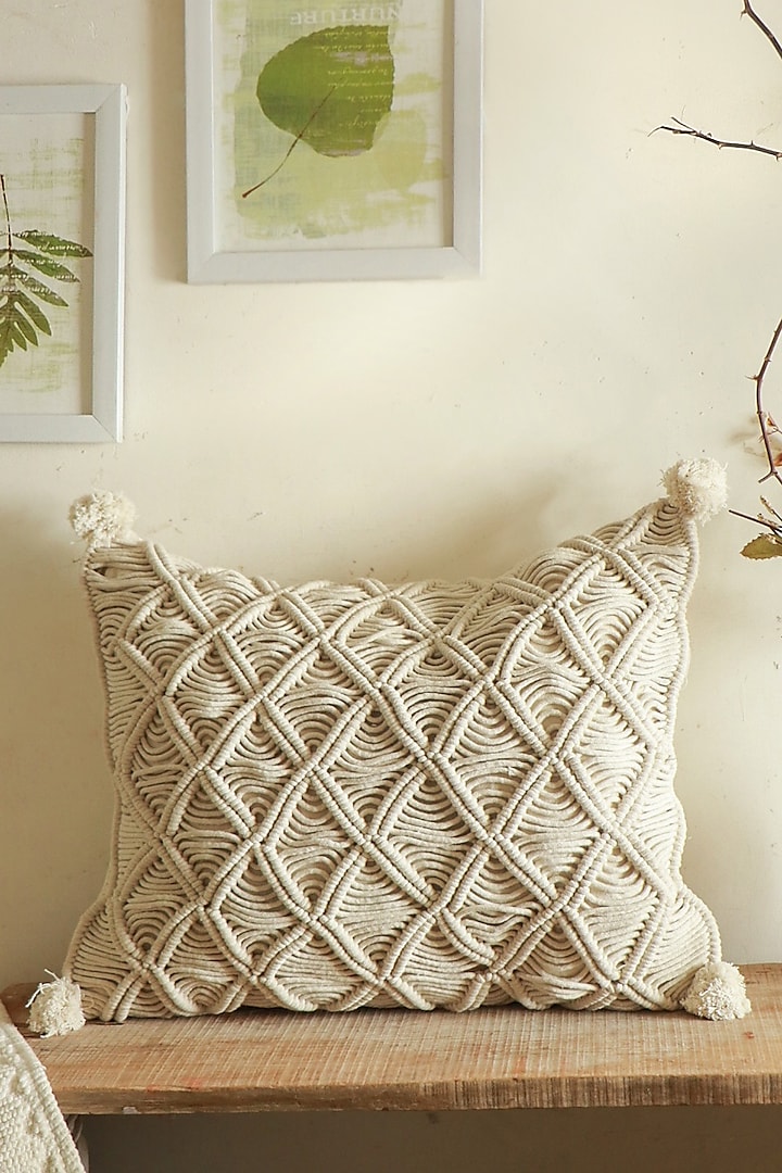 Off-White Natural Cotton Thread Pillow Cover by Karighar - House of Indian Craftsmanship