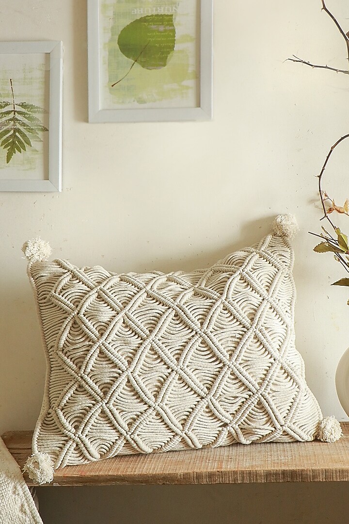 Off-White Natural Cotton Thread Pillow Cover by Karighar - House of Indian Craftsmanship at Pernia's Pop Up Shop