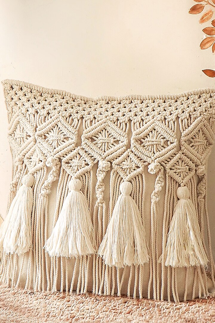 Off-White Natural Cotton Thread Pillow Cover by Karighar - House of Indian Craftsmanship at Pernia's Pop Up Shop