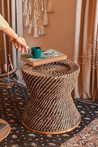 Brown Cane & Rattan Cane Pouf Stool by Karighar - House of Indian Craftsmanship